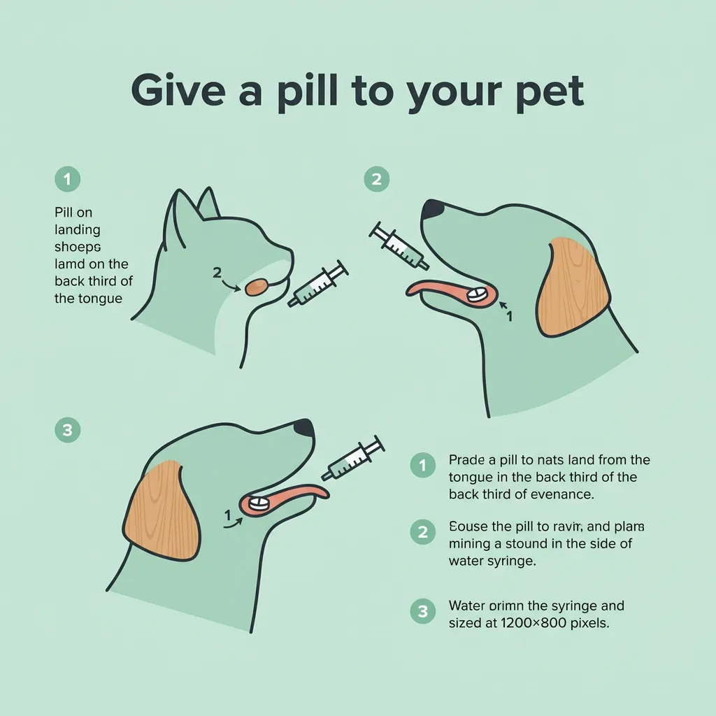 Labeled diagram showing safe hand-pilling: head tilted up, pill placed on the back third of the tongue, followed by a water chaser