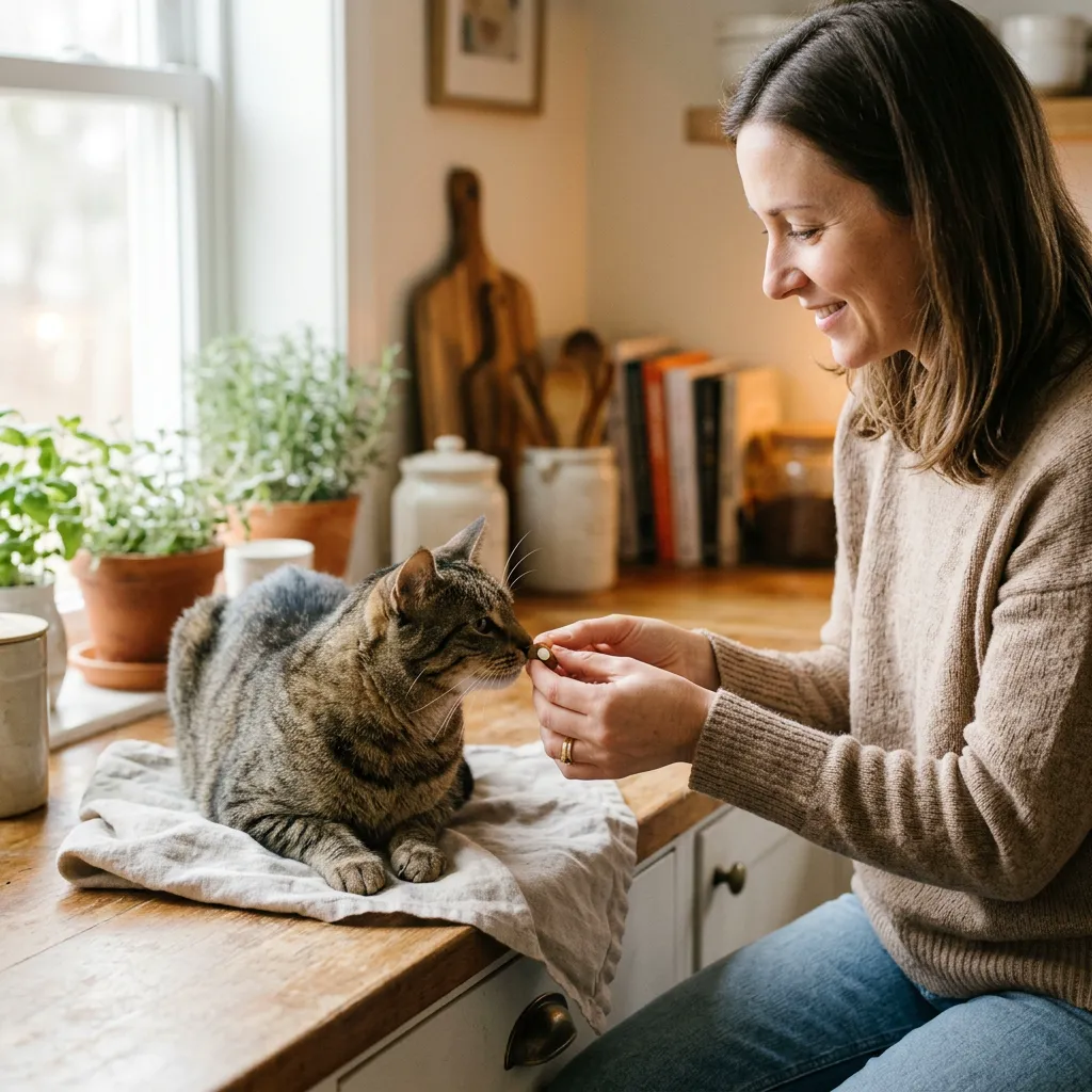 A calm pet owner offering a small treat containing a hidden pill to a relaxed cat on a kitchen counter, illustrating stress-free medication