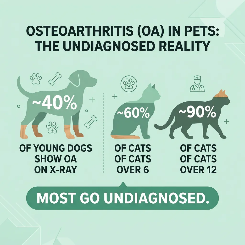 Infographic showing that osteoarthritis is detected in roughly 40 percent of dogs and the majority of older cats, yet most cases go undiagnosed