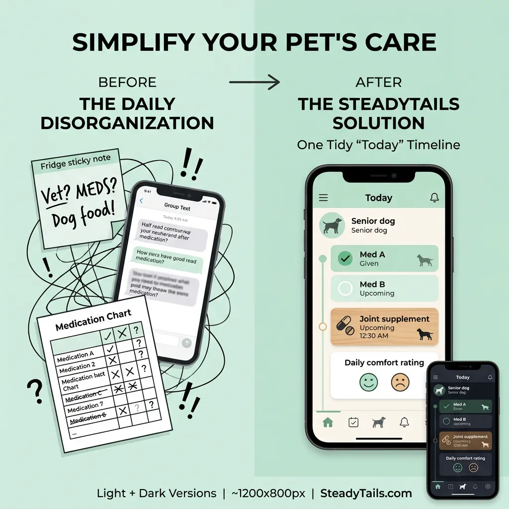 A before-and-after diagram contrasting scattered sticky notes and group texts with a single shared SteadyTails daily care timeline for a senior pet
