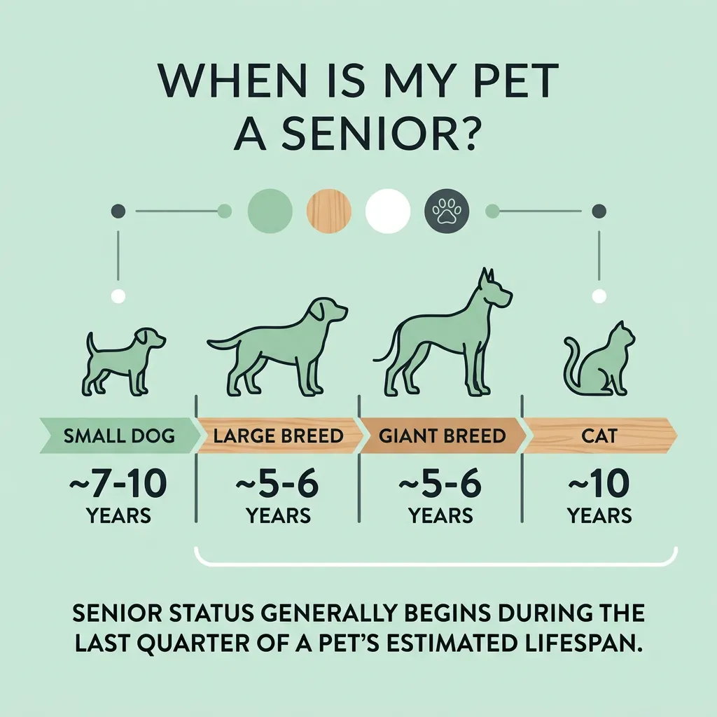 Infographic timeline showing when dogs and cats are considered senior, with dogs around age seven, large breeds earlier, and cats around age ten