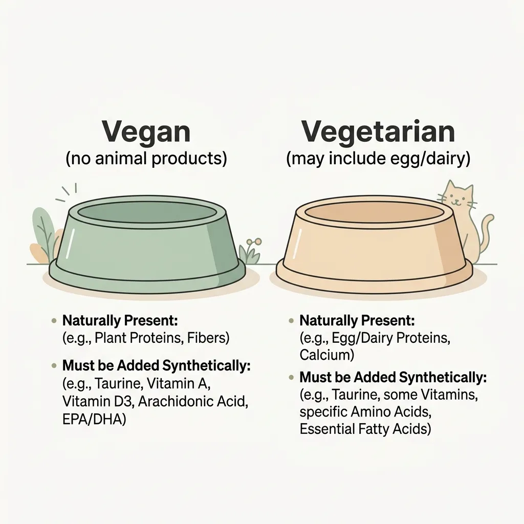 Comparison graphic of a vegan cat food bowl versus a vegetarian cat food bowl, showing which obligate-carnivore nutrients each must supplement