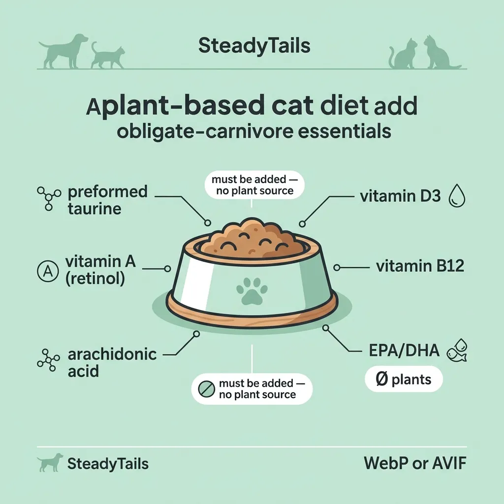 Infographic of a cat bowl labeled with the obligate-carnivore nutrients a meat-free diet must supply, including preformed taurine, vitamin A retinol, arachidonic acid, vitamin D3, and vitamin B12