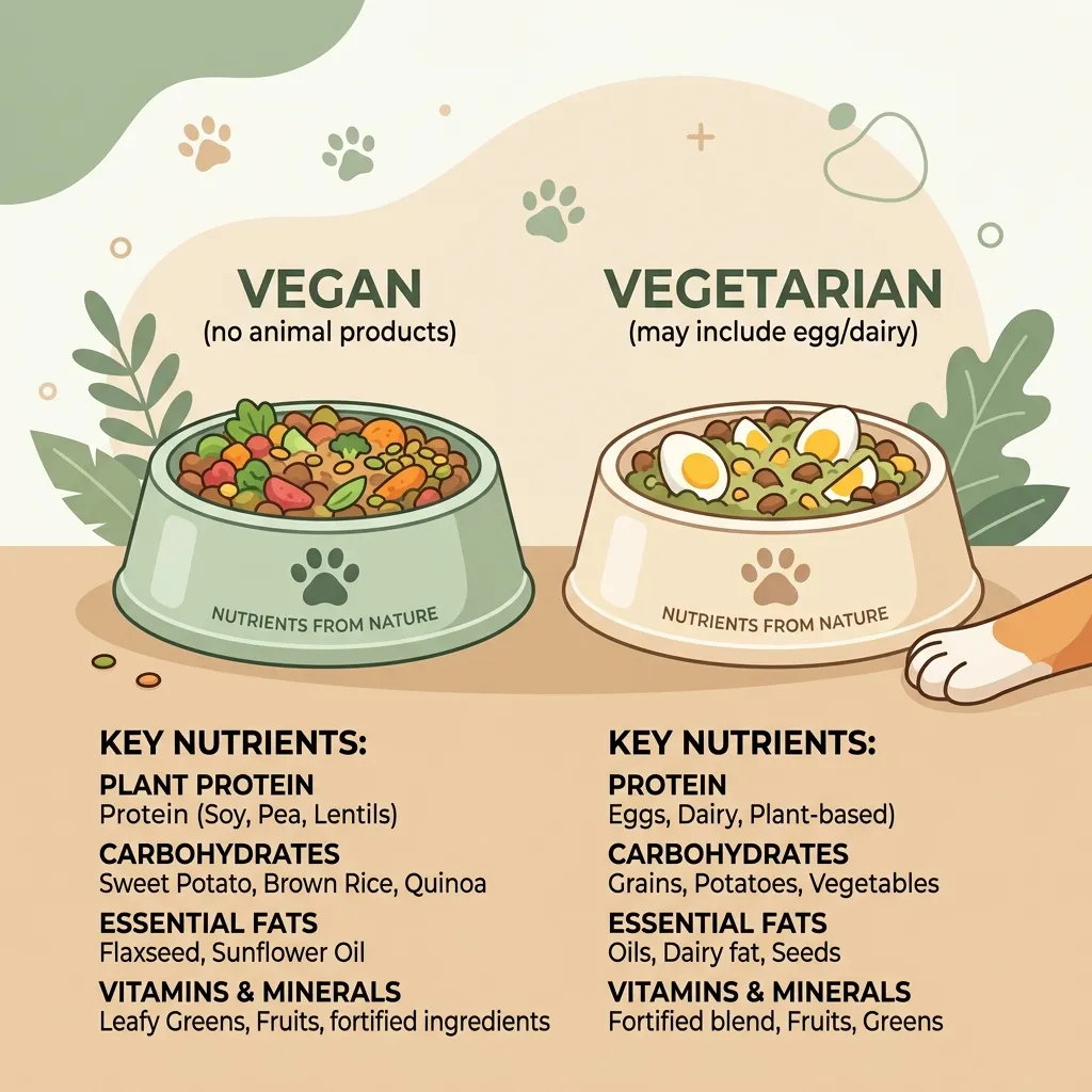 Side-by-side comparison of a vegan dog food kibble bowl and a vegetarian dog food bowl with key nutrients labeled beneath each