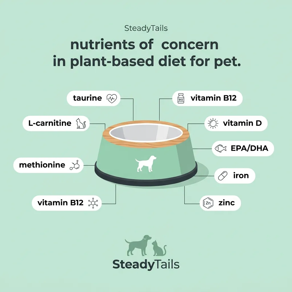 Infographic of a dog bowl labeled with the key nutrients that plant-based diets must supplement, including taurine, L-carnitine, vitamin B12, vitamin D, and omega-3 EPA and DHA