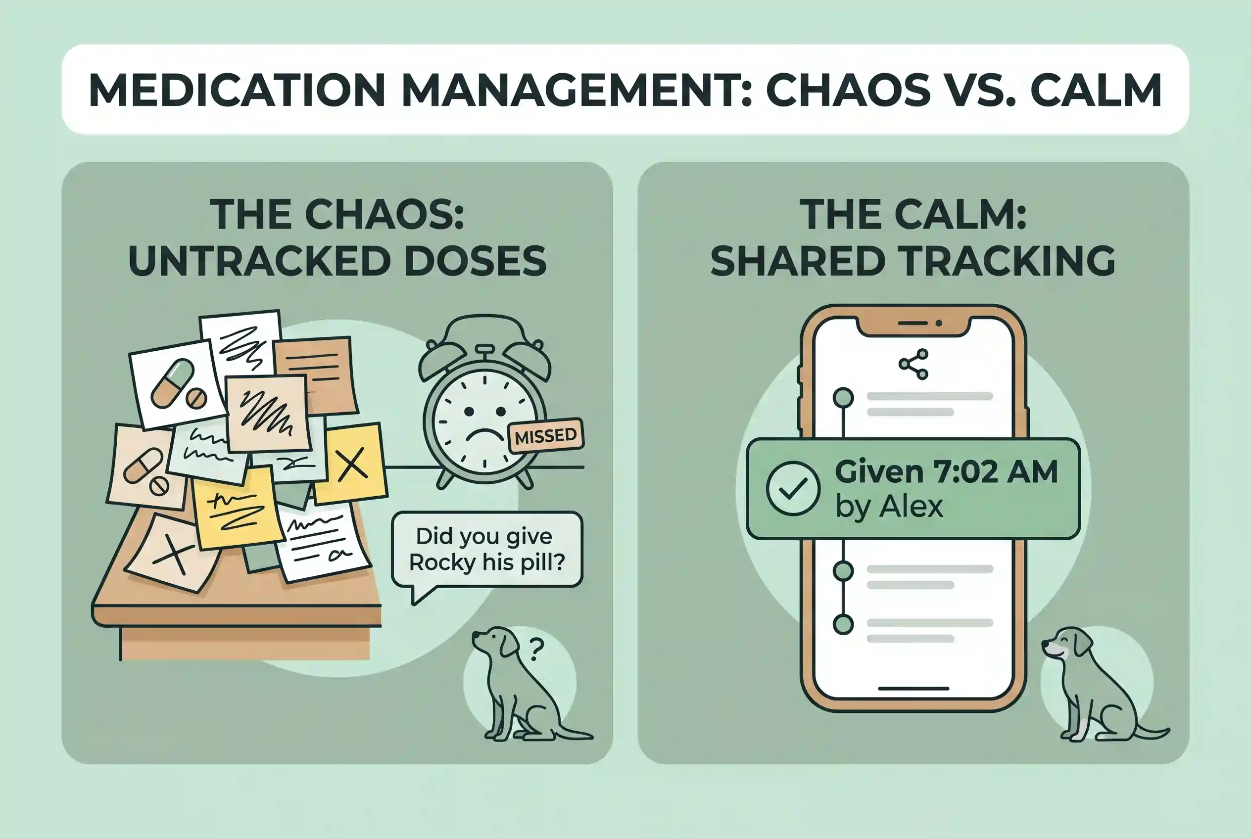 Before-and-after diagram contrasting scattered sticky notes, missed alarms, and confused text messages on the left with a single shared real-time SteadyTails medication timeline marked given on the right