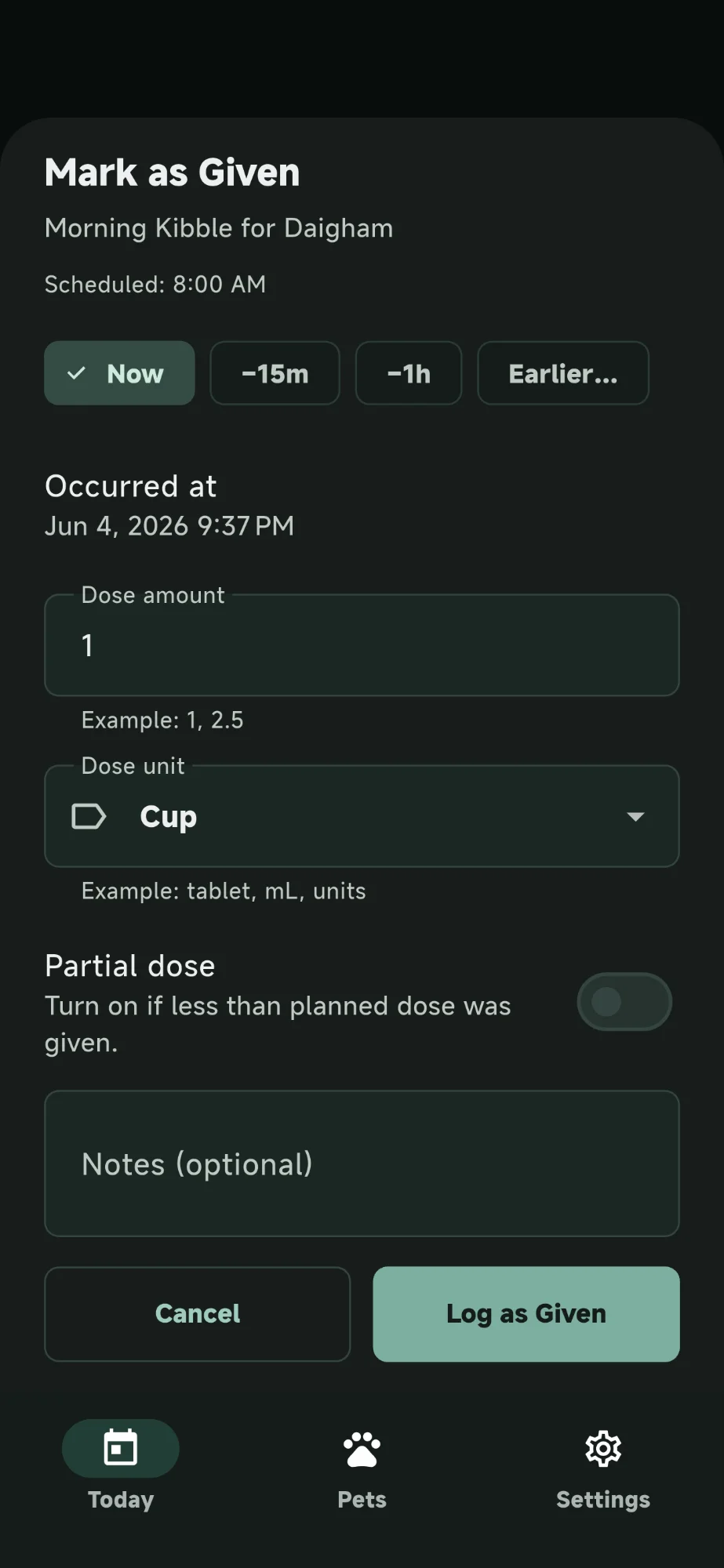 SteadyTails Mark as Given detail sheet in dark mode