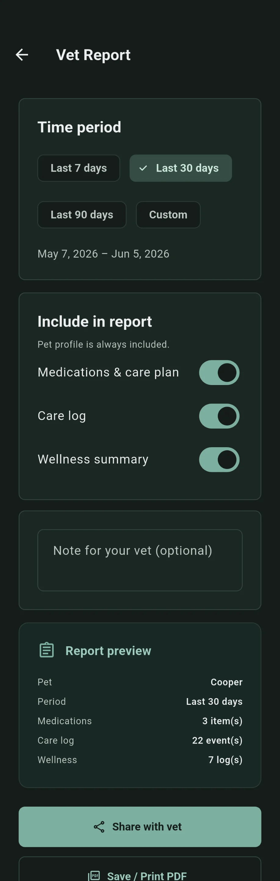 SteadyTails Vet report configuration and export in dark mode