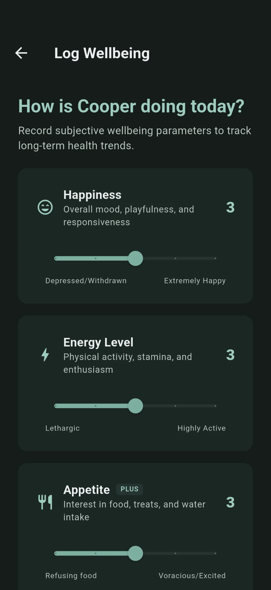 SteadyTails Wellness log screen in dark mode