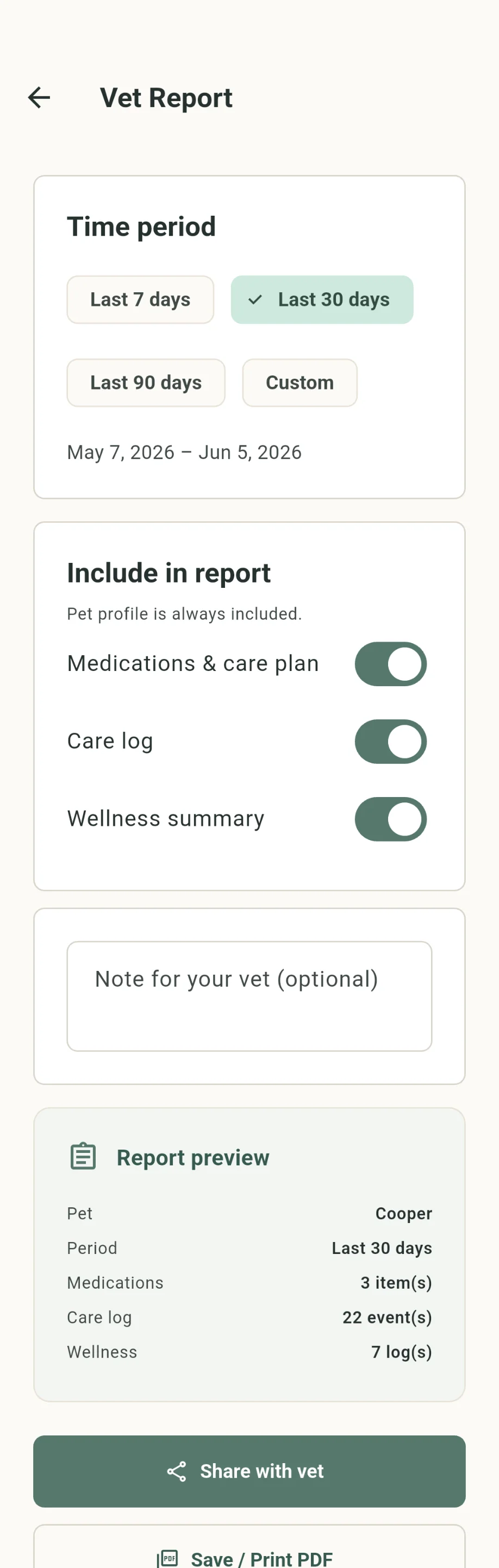 SteadyTails Vet report configuration and export in light mode