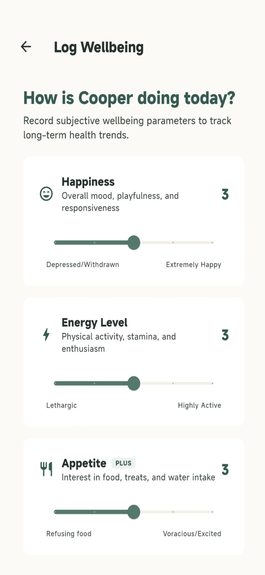 SteadyTails Wellness log screen in light mode